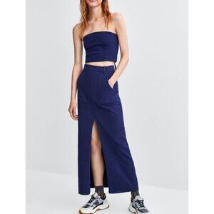 ZARA TRF Slit Front Denim Midi Maxi Skirt Ink Blue 2 Front Pockets Size Medium